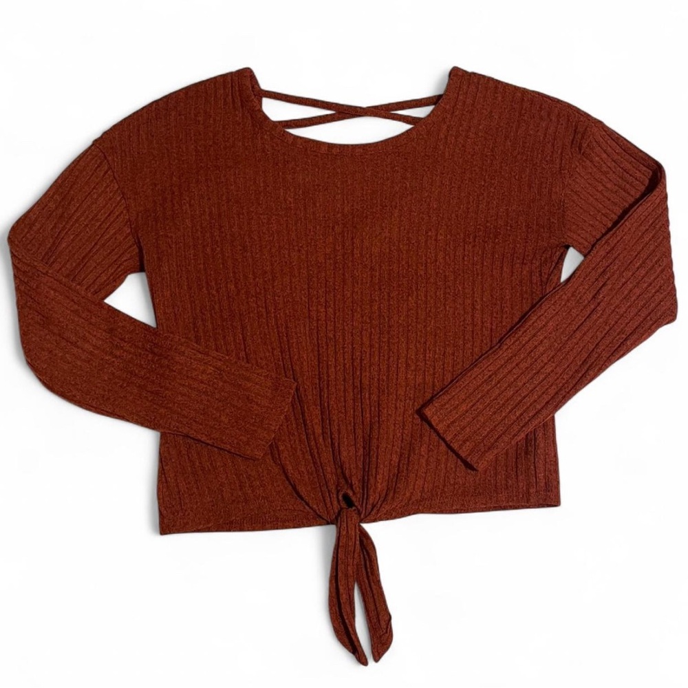 Burnt Orange Tie Front Long Sleeve Ribbed Top w Crisscross Back